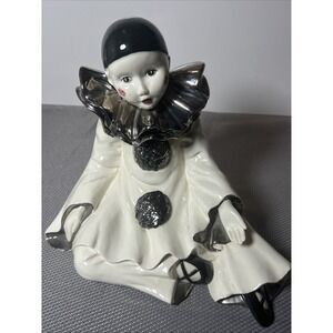 Vintage Pierrot Clown Figurine Black White Ceramic Silver Ruffle Collar Seated
